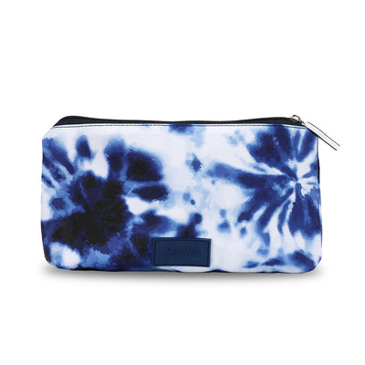 Back view of navy and white tie dye pattern everyday pouch with navy tennis racquet zipper pull.