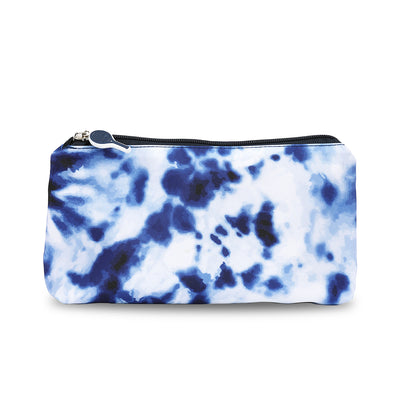 Front view of navy and white tie dye pattern everyday pouch with navy tennis racquet zipper pull.