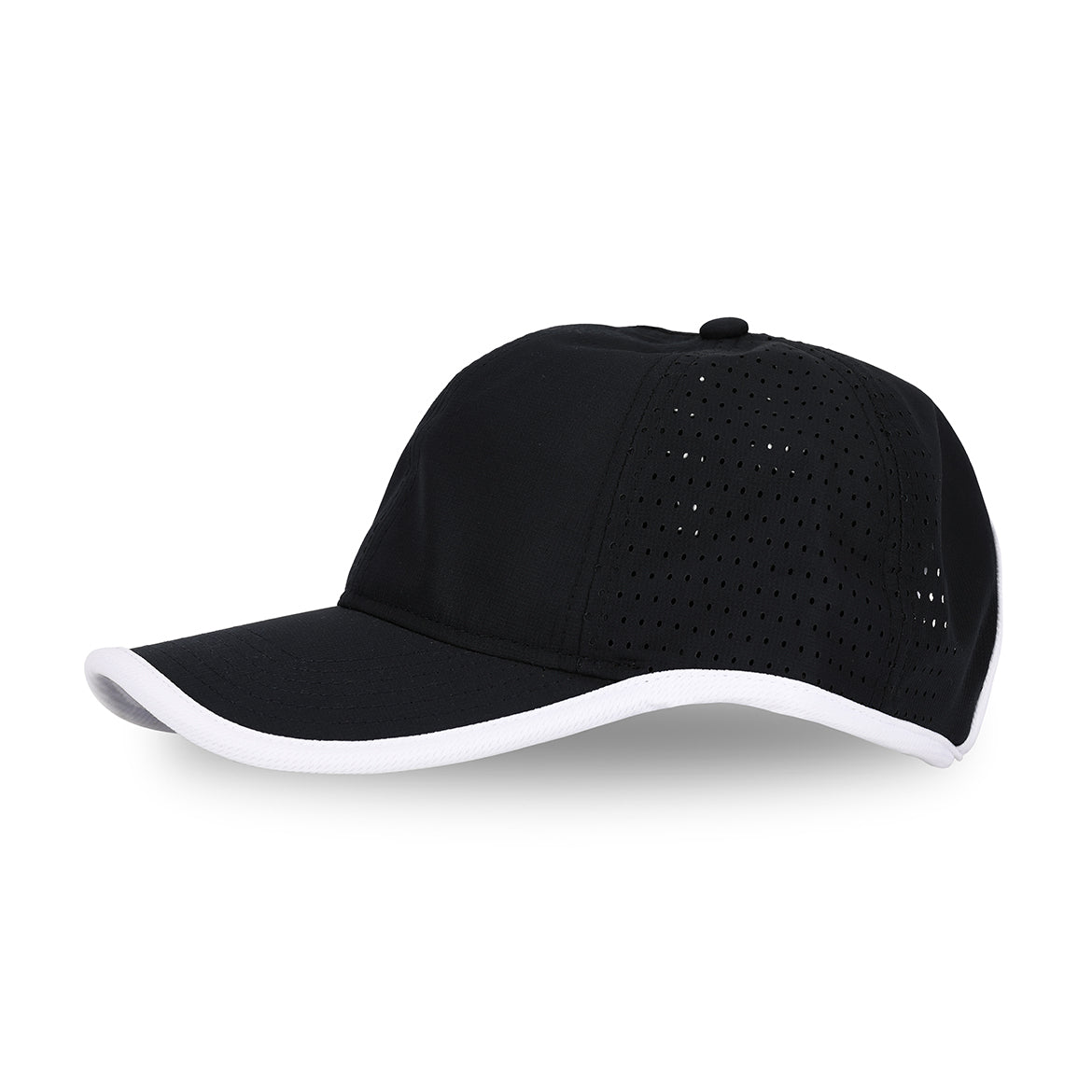 side view of navy sport hat with white trim
