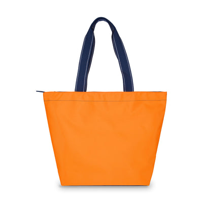 orange nylon tote bag with navy straps
