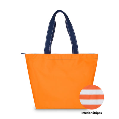 orange nylon tote bag with navy straps with a swatch next to it to show that the interior is orange and white stripes