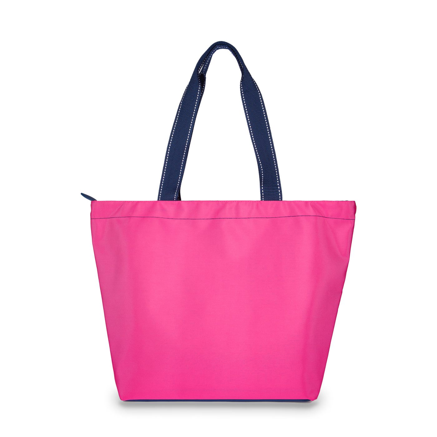 hot pink nylon tote bag with navy straps