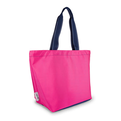side view of pink nylon tote bag with navy straps