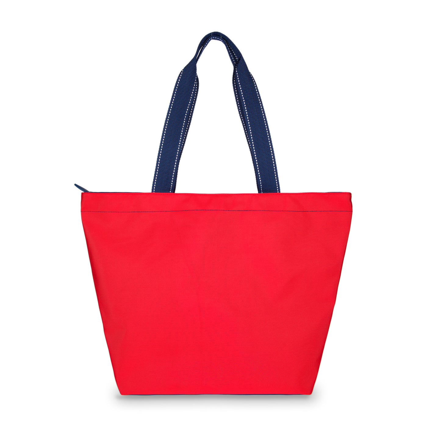red nylon tote bag with navy straps