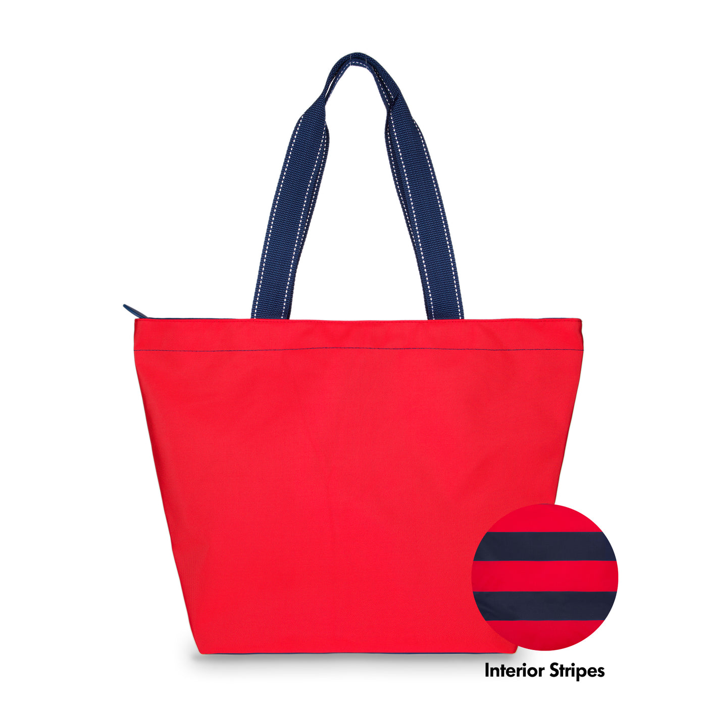 red nylon tote bag with navy straps with a swatch next to it to show that it has navy and red interior stripes