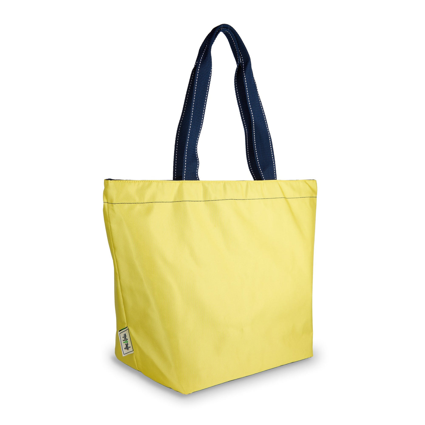 side view of yellow nylon tote bag with navy straps