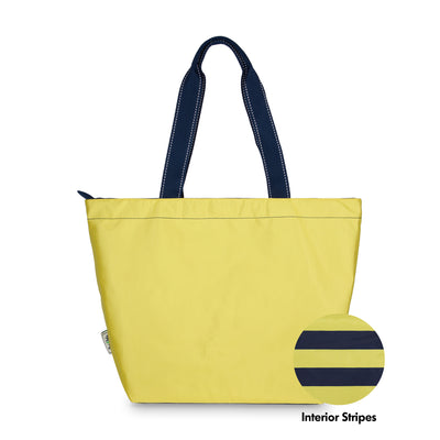 yellow nylon tote bag with navy straps with a swatch next to it to show that it has yellow and navy interior stripes