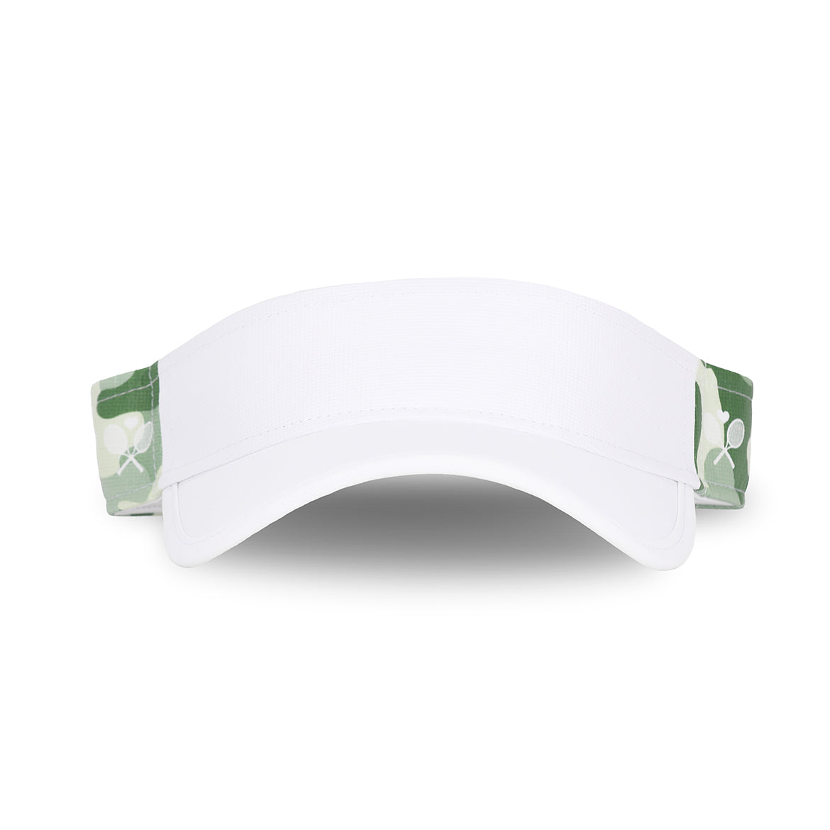 Front view of olive camo head in the game visor. Front of visor is white and sides are olive camo pattern with white crossed racquets printed over the camo.