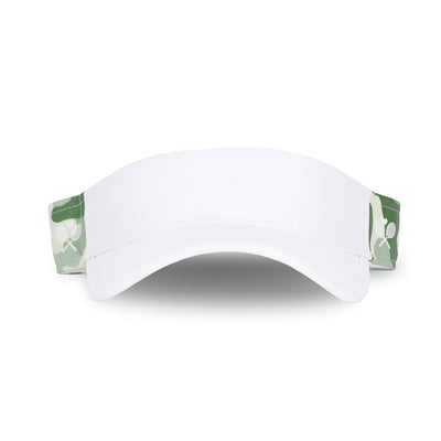 Front view of olive camo head in the game visor. Front of visor is white and sides are olive camo pattern with white crossed racquets printed over the camo.