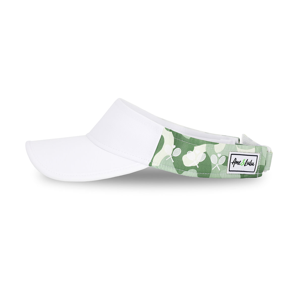 Side view of olive camo head in the game visor. Front of visor is white and sides are olive camo pattern with white crossed racquets printed over the camo.