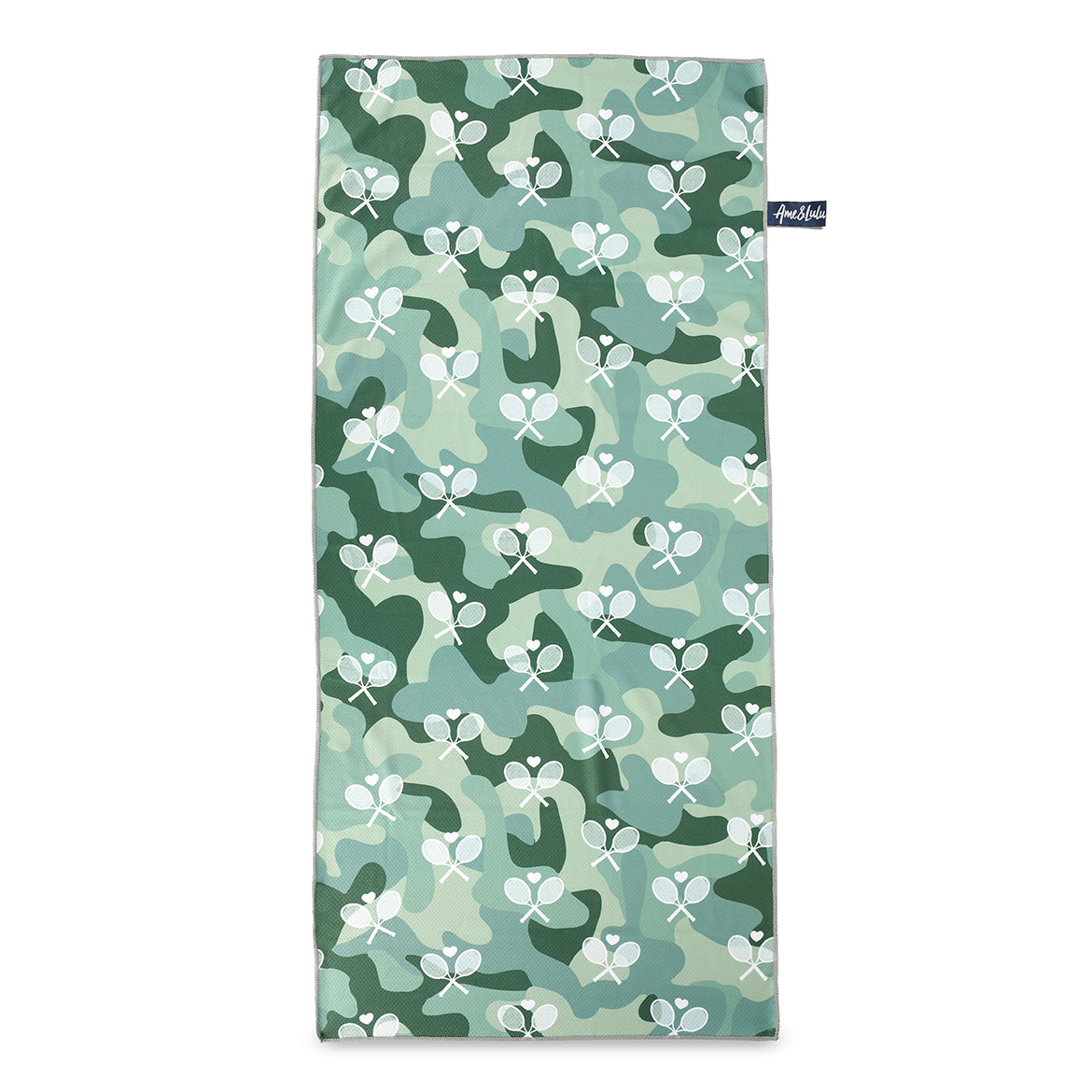 rectangular towel printed with olive camo and white crossed racquets.
