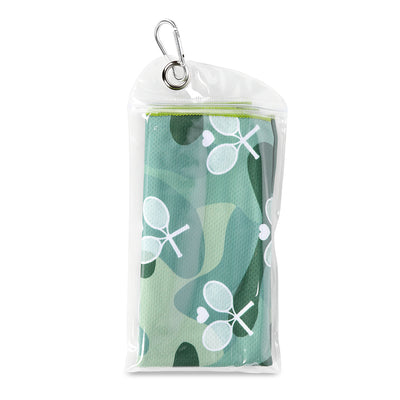 folded rectangular towel printed with olive camo and white crossed racquets in small carrying pouch