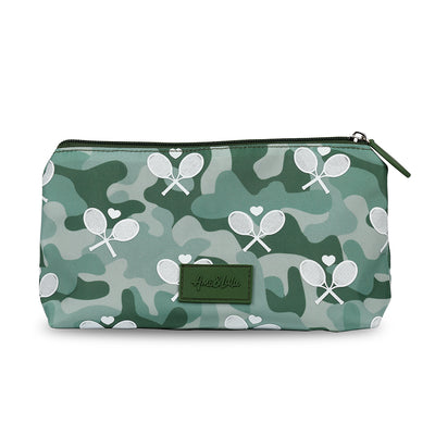 Back view of olive camo pattern everyday pouch with repeating white tennis racquets over the camo print.