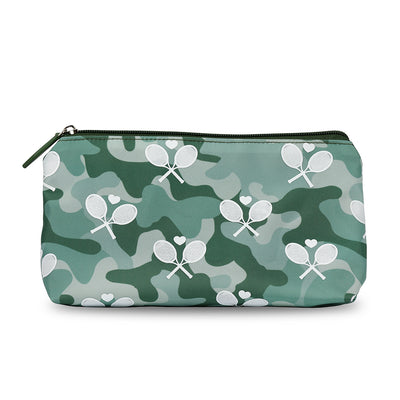 Front view of olive camo pattern everyday pouch with repeating white tennis racquets over the camo print.