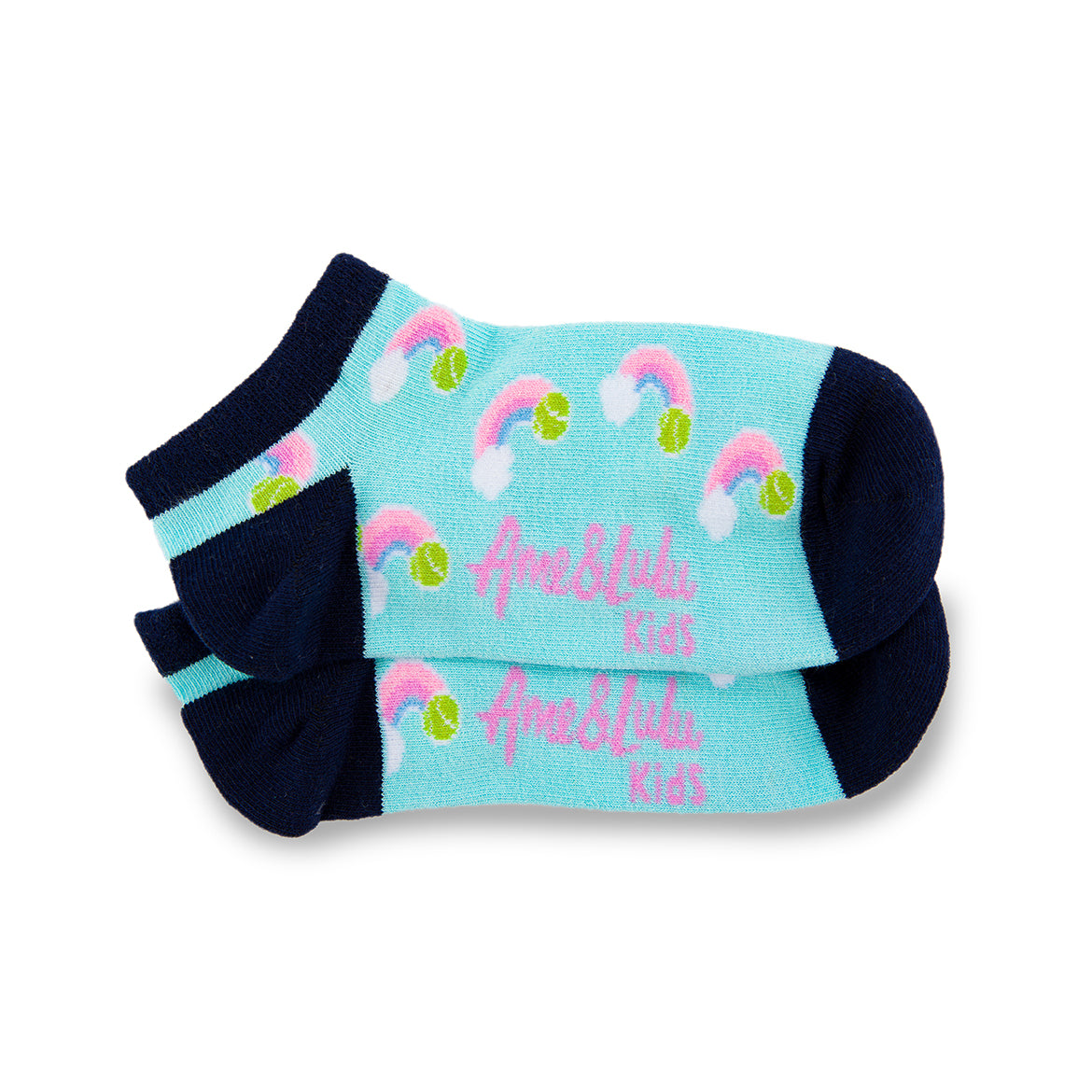 pair of light blue kids socks with navy heel and toes with pastel rainbow stitched on socks