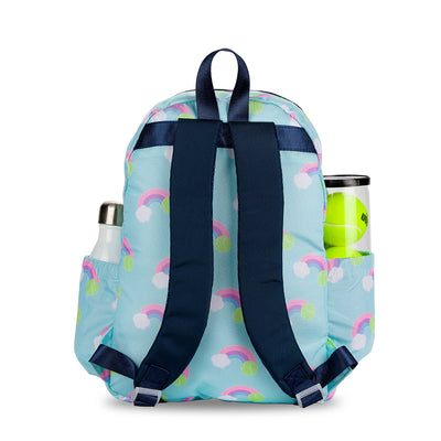 Back view of a light blue kids tennis backpack with rainbow and tennis ball icons on the bag. There is a front pocket for holding tennis racquets.