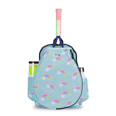 Front view of a light blue kids tennis backpack with rainbow and tennis ball icons on the bag. There is a front pocket for holding tennis racquets.