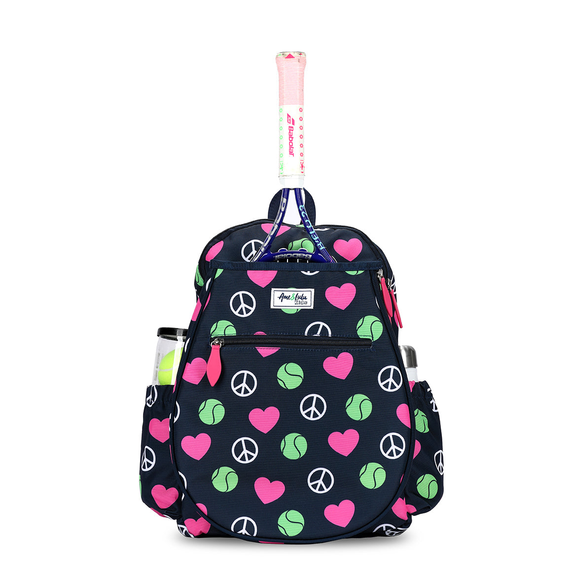 Front view of navy kids tennis backpack with repeating pattern of white peace signs, pink hearts and green tennis balls.