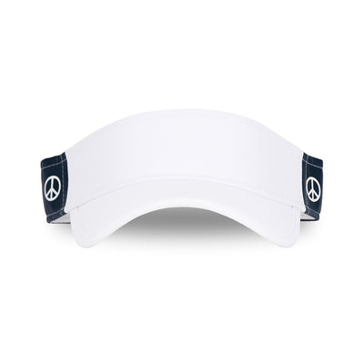 Front view of navy kids visor with white peace sign, pink heart and green tennis ball printed on sides