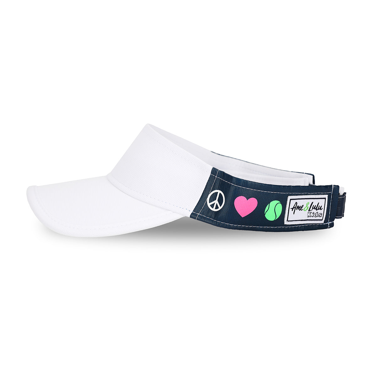 Side view of navy kids visor with white peace sign, pink heart and green tennis ball printed on sides