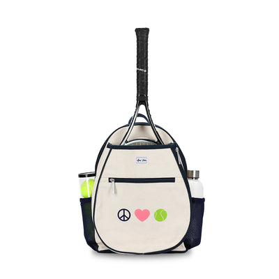 Front view of tan canvas kids tennis backpack with peace sign, heart and tennis ball printed on front. Bag has navy trim and navy mesh side pockets.