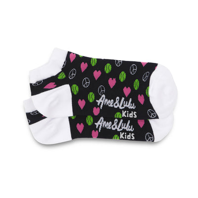 pair of navy kids socks with white heel and toes, and peace signs heart and tennis balls stitched on to sock