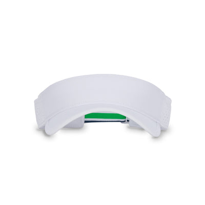 Front view of white visor with green and navy striped adjustable strap on the back.