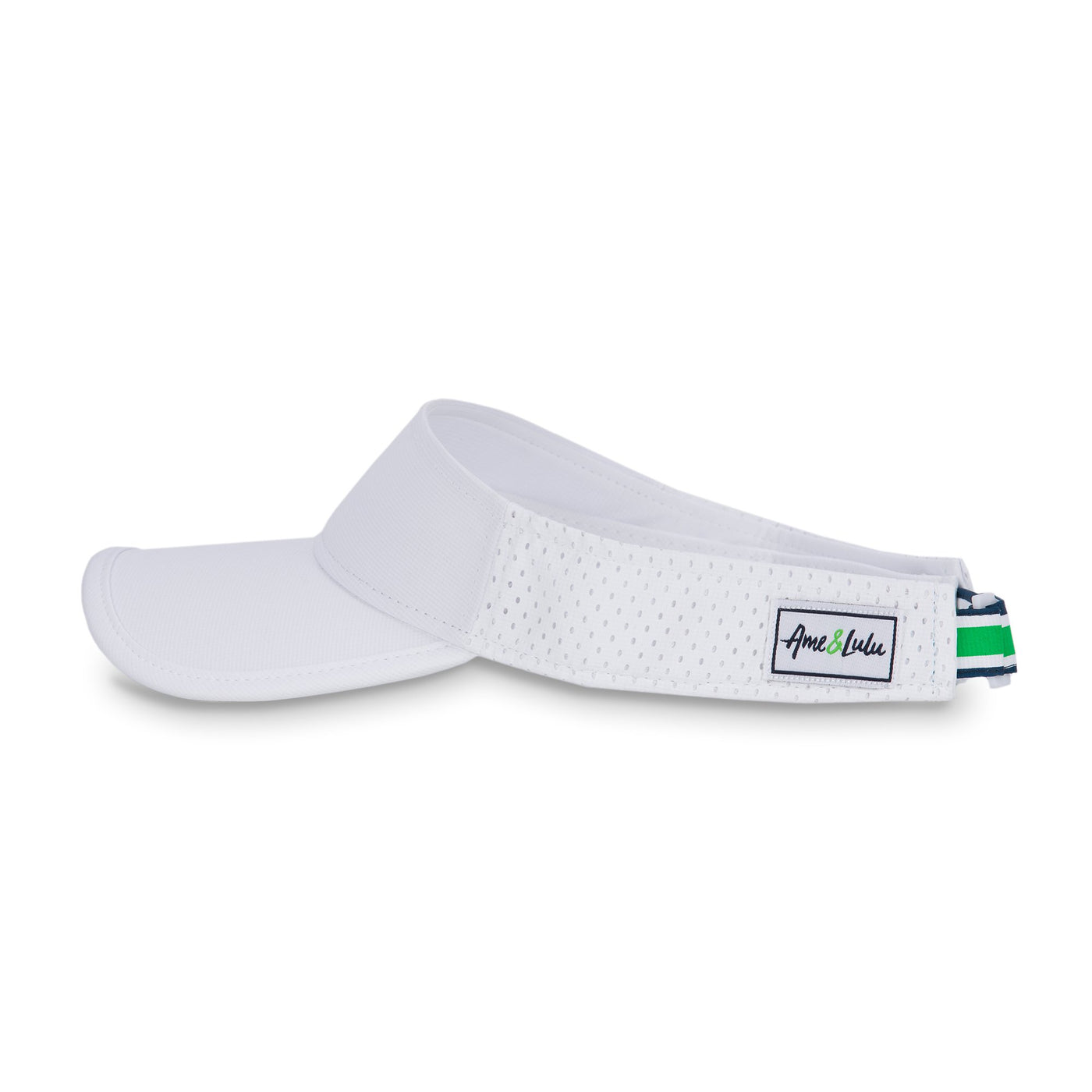 Side view of white visor with green and navy striped adjustable strap on the back.