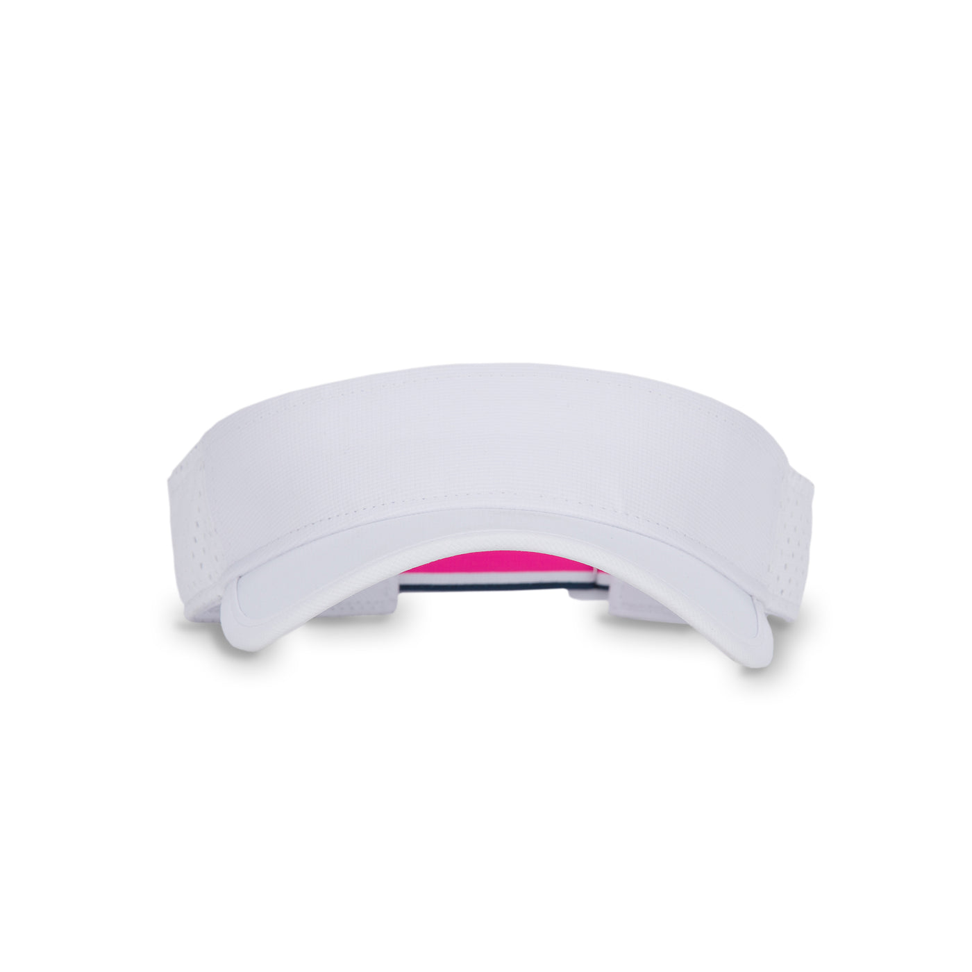 Front view of white visor with pink and navy striped adjustable strap on the back.