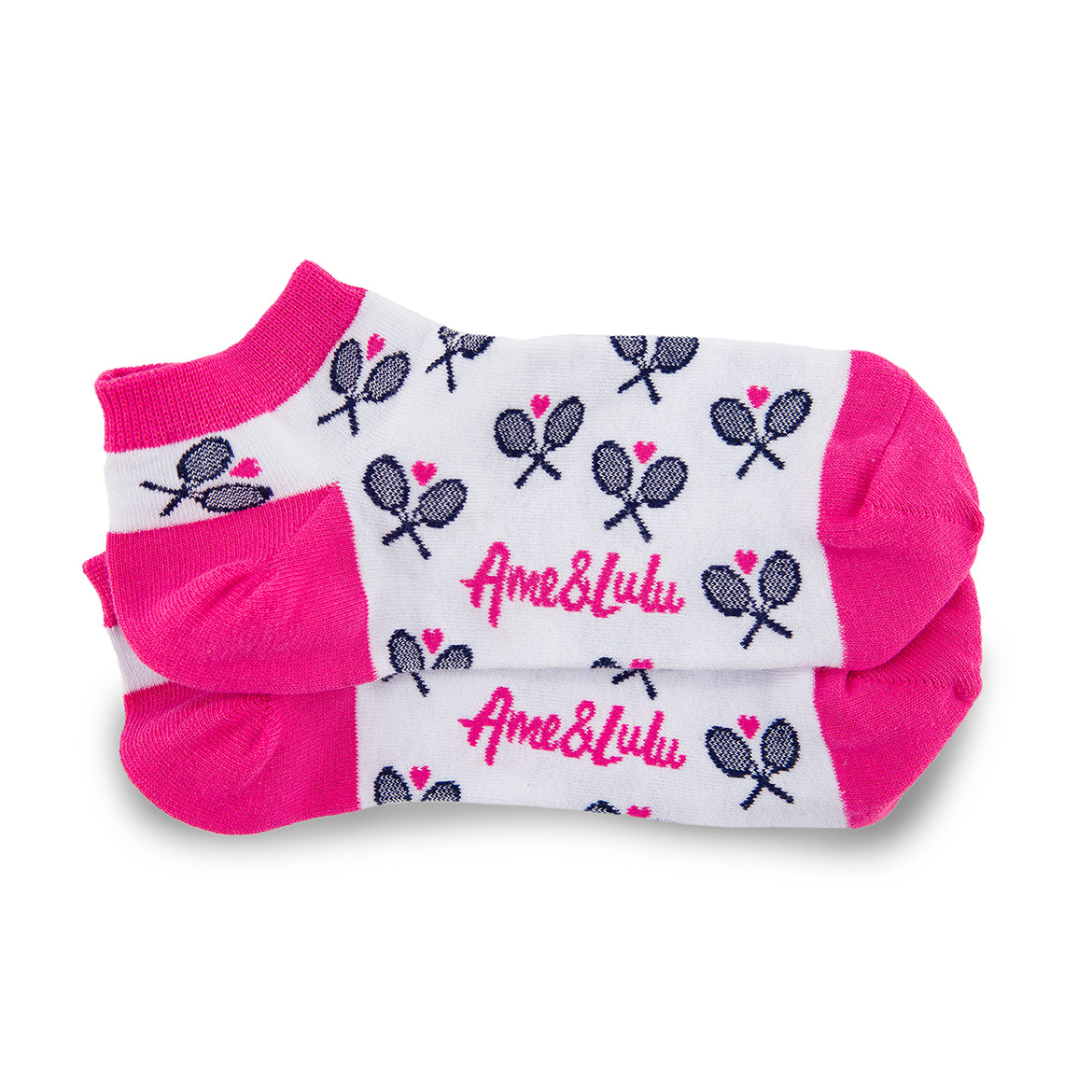 three pack of socks on white background. White sock with red trim and navy racquets, white sock with hot pink trim and navy racquets, and white sock with blue trim and navy racquets.