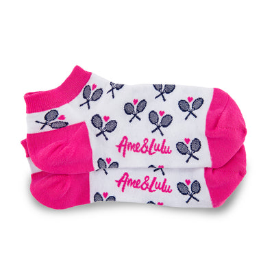 three pack of socks on white background. White sock with red trim and navy racquets, white sock with hot pink trim and navy racquets, and white sock with blue trim and navy racquets.