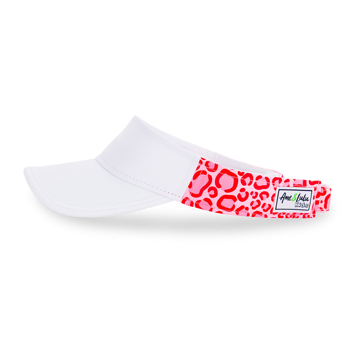 Side view of hot pink and red leopard pattern kids visor.