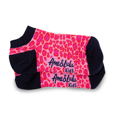 pair of hot pink and red leopard pattern kids socks with navy heel and toes
