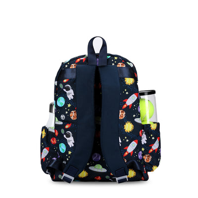 Back view of navy kids tennis backpack with space themed icons such as planets, spaceships, ufos and tennis balls.