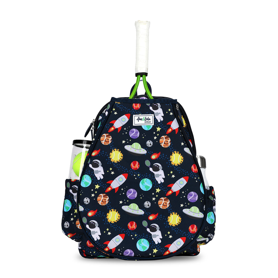 Front view of navy kids tennis backpack with space themed icons such as planets, spaceships, ufos and tennis balls.