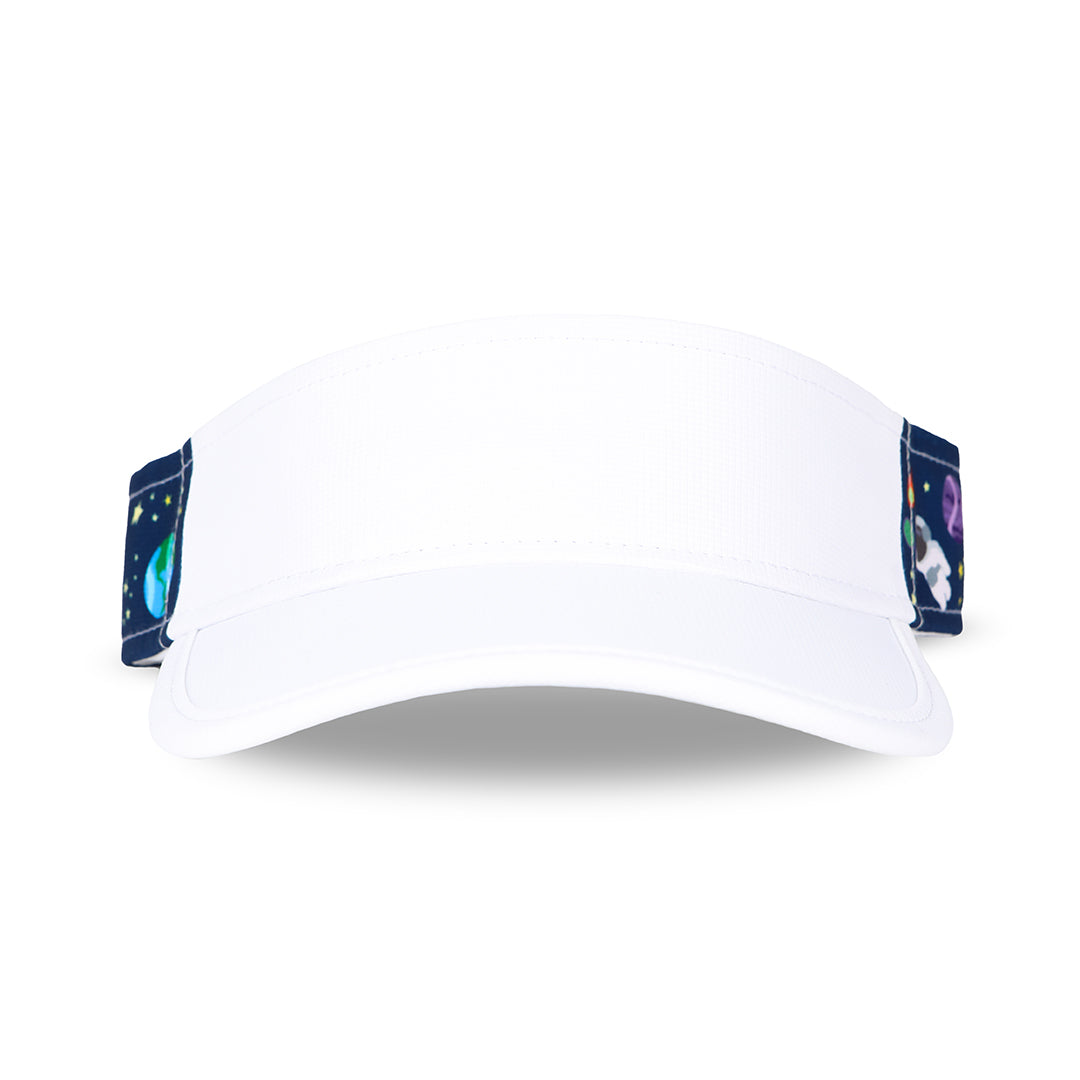 Front view of navy kids visor with planets and astronauts printed on sides.