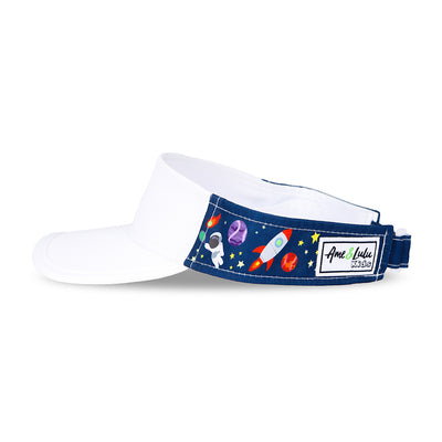 Side view of navy kids visor with planets and astronauts printed on sides.