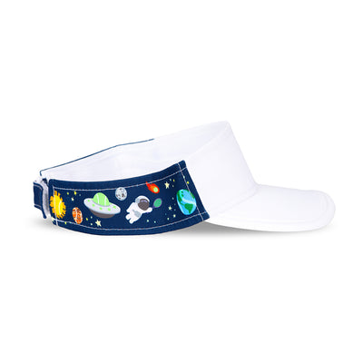 Side view of navy kids visor with planets and astronauts printed on sides.