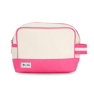 natural canvas beauty bag with hot pink and white cotton webbing loop on the side and hot pink canvas on the bottom