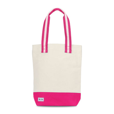 natural canvas wine tote with hot pink and white cotton webbing straps and hot pink canvas at the bottom