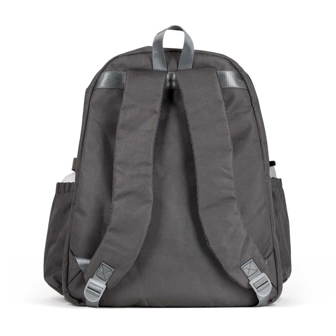 Back view of charcoal grey tennis backpack