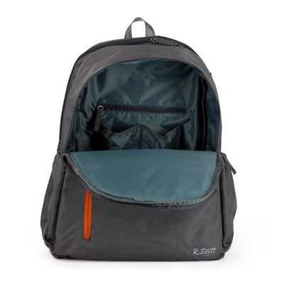 Inside view of charcoal grey tennis backpack showing interior pockets.
