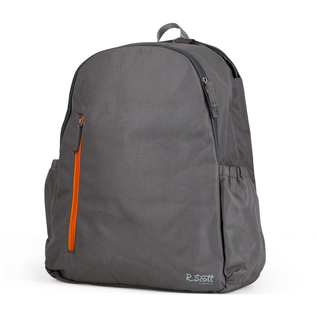 Side view of mens charcoal grey tennis backpack