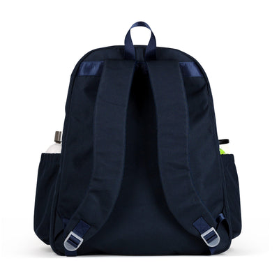 back view of navy mens R Scott tennis backpack. There is a water bottle and tennis balls in the side pockets.