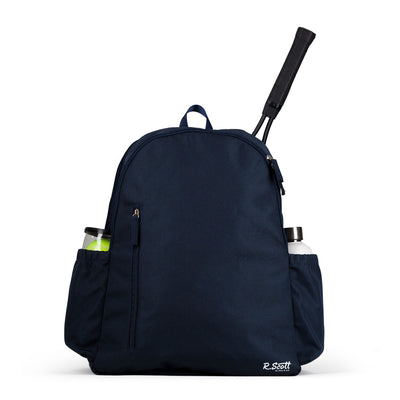 Front view of navy mens R Scott tennis backpack. There is a tennis racquet in the interior pocket and water bottle and tennis balls in the side pockets.