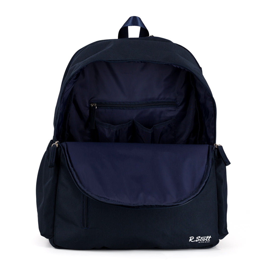 Inside view of navy tennis backpack showing interior pockets.