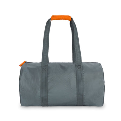 charcoal grey nylon duffel with orange cap on straps