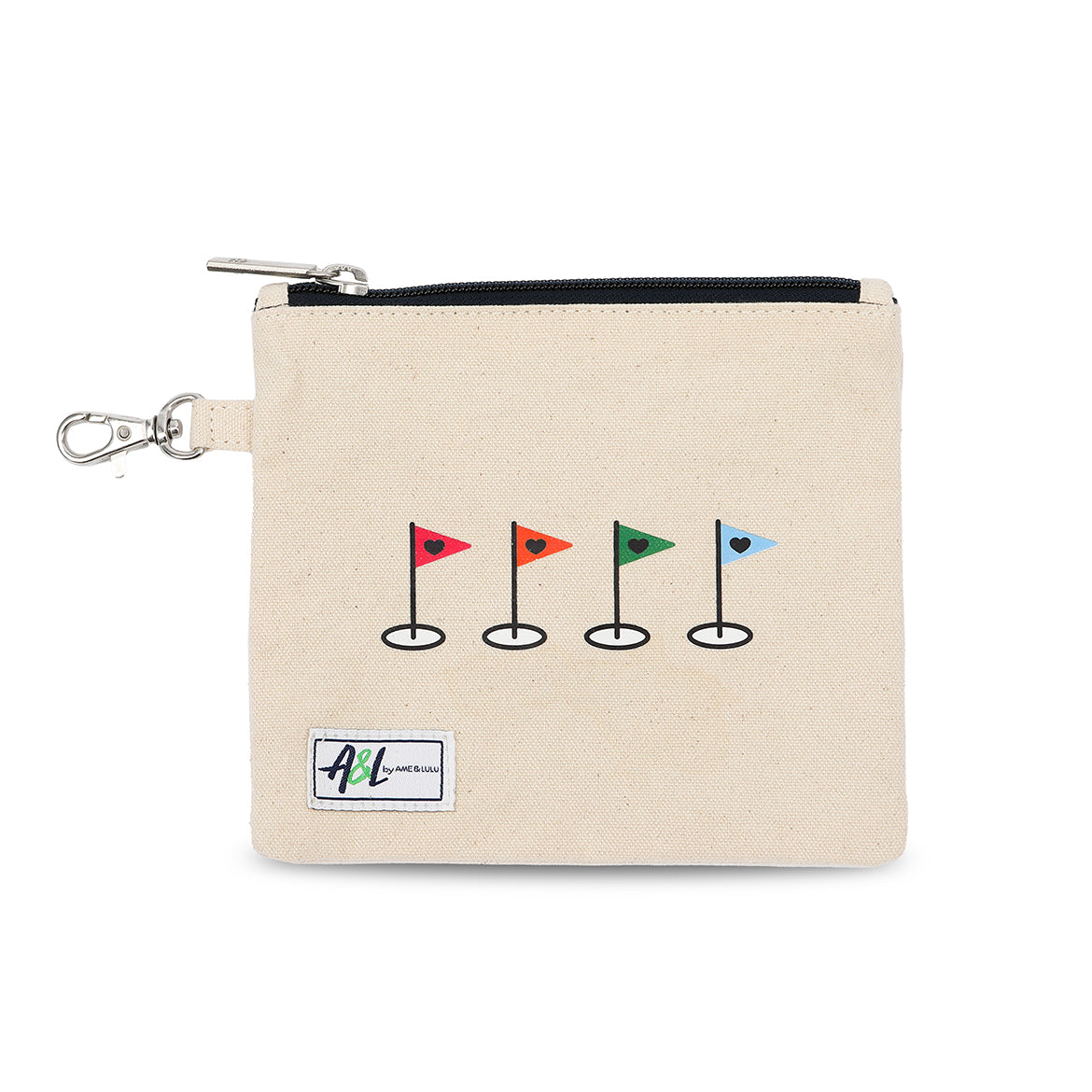 small tan canvas tee pouch with rainbow golf flags printed on front