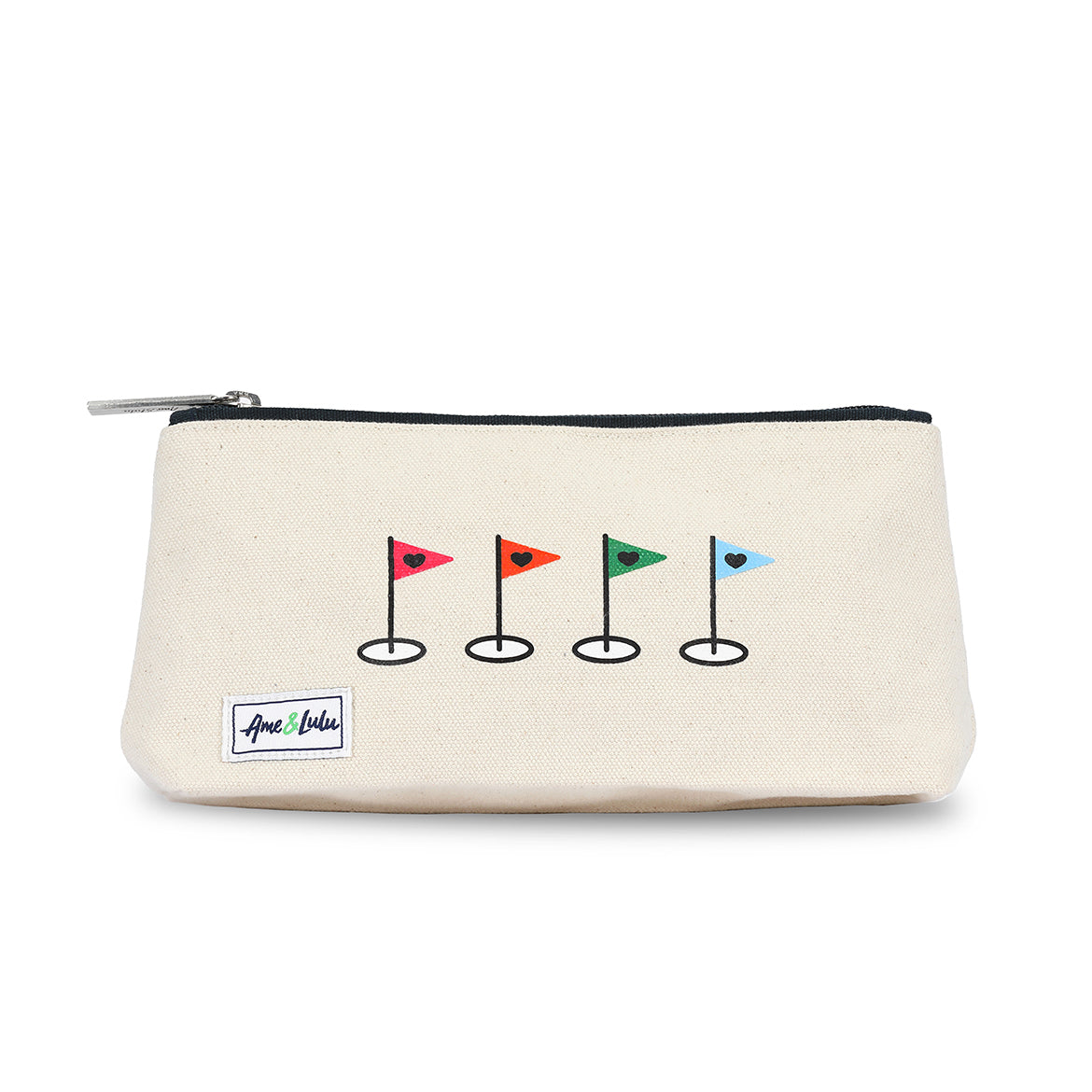 small tan canvas makeup pouch with rainbow golf flags printed on front