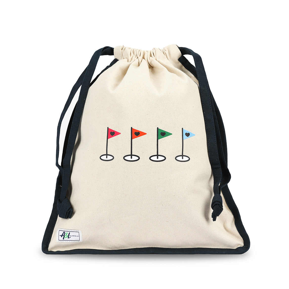tan canvas drawstring shoe bag with rainbow golf flags on front